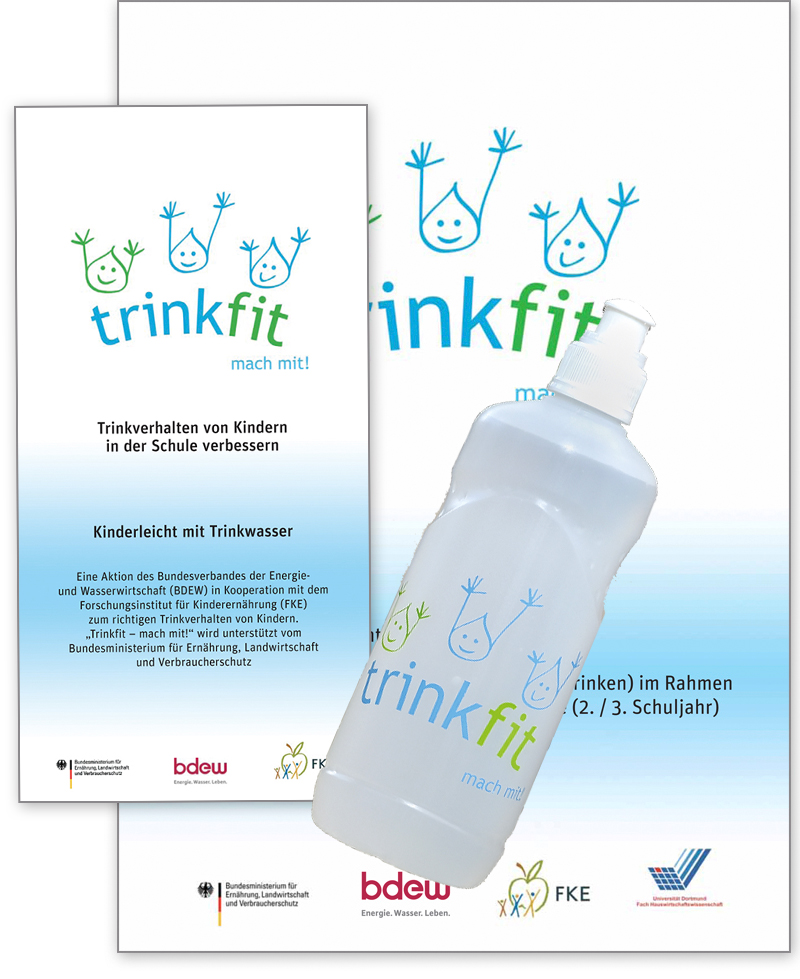 Trinkfit-Paket: 6 Ex."Unterrichtsreihe Wasser", 150 Ex."Kinderleicht mit Trinkwasser", 120 Flaschen