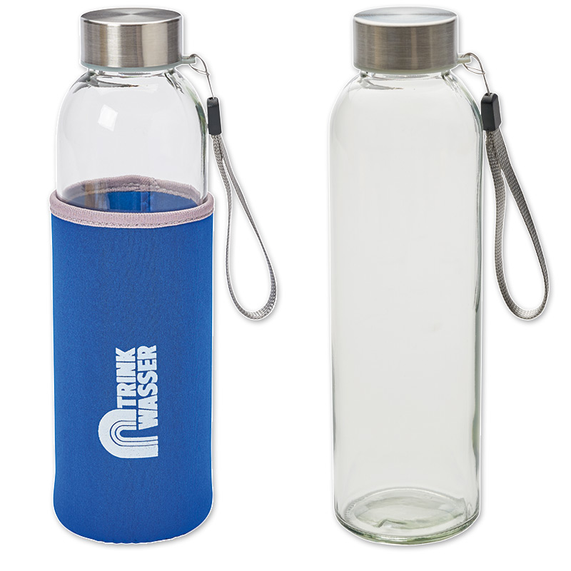  Glastrinkflasche mit Neopren-Schutzhülle mit Logo "Trinkwasser"