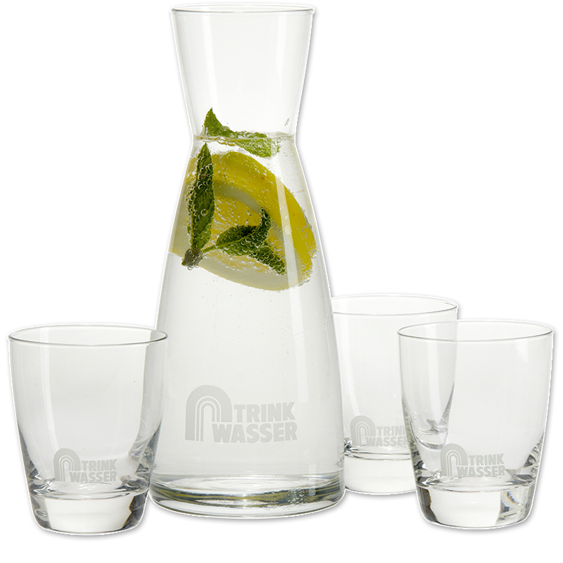 Set 1 Glas-Karaffe und 6 Gläser mit Logo "Trinkwasser"
